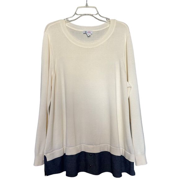 D & Co. Tops - Denim & Co Womens Tunic Top Ivory 1X Layered Hem Long Sleeve Round Neck Pullover